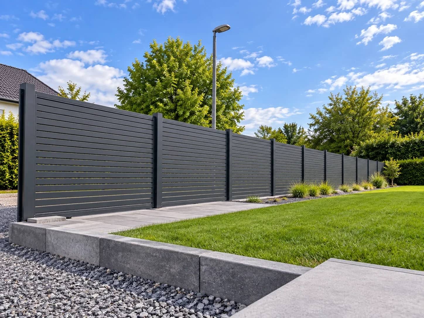 Sichtschutzzaun aus Aluminium in Anthrazit mit waagerechter Lattung entlang eines Gartenwegs
