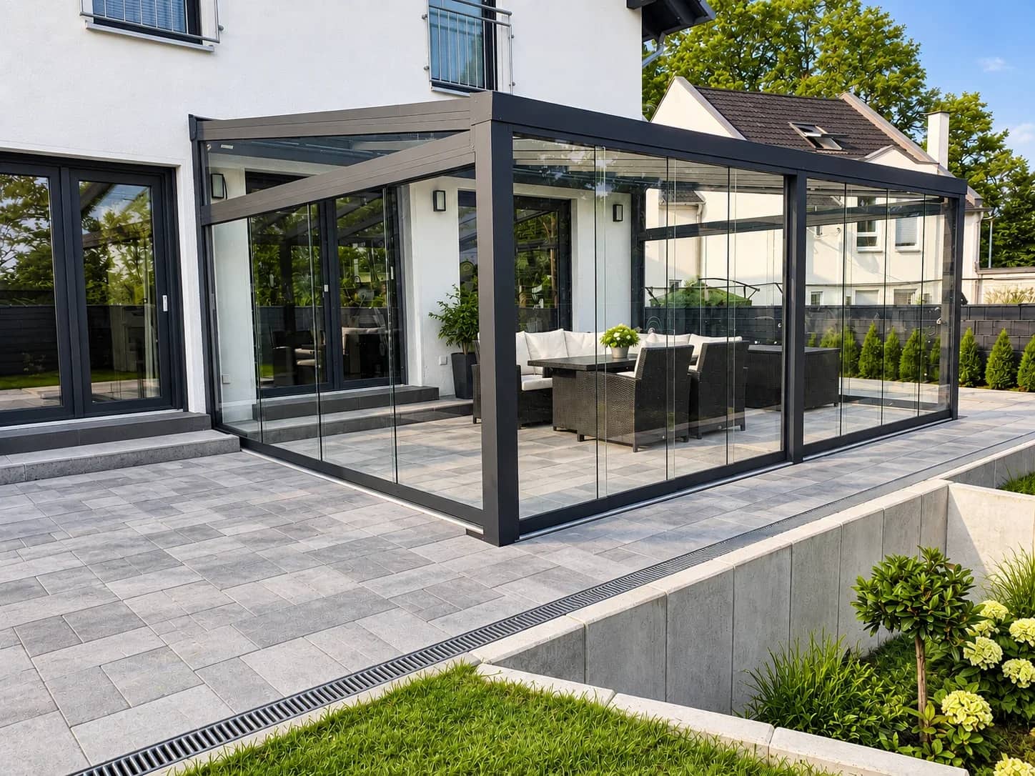Sommergarten aus Aluminium mit rahmenloser Ganzglas-Front, geschlossenen Glas-Schiebeelementen an weißem Wohnhaus