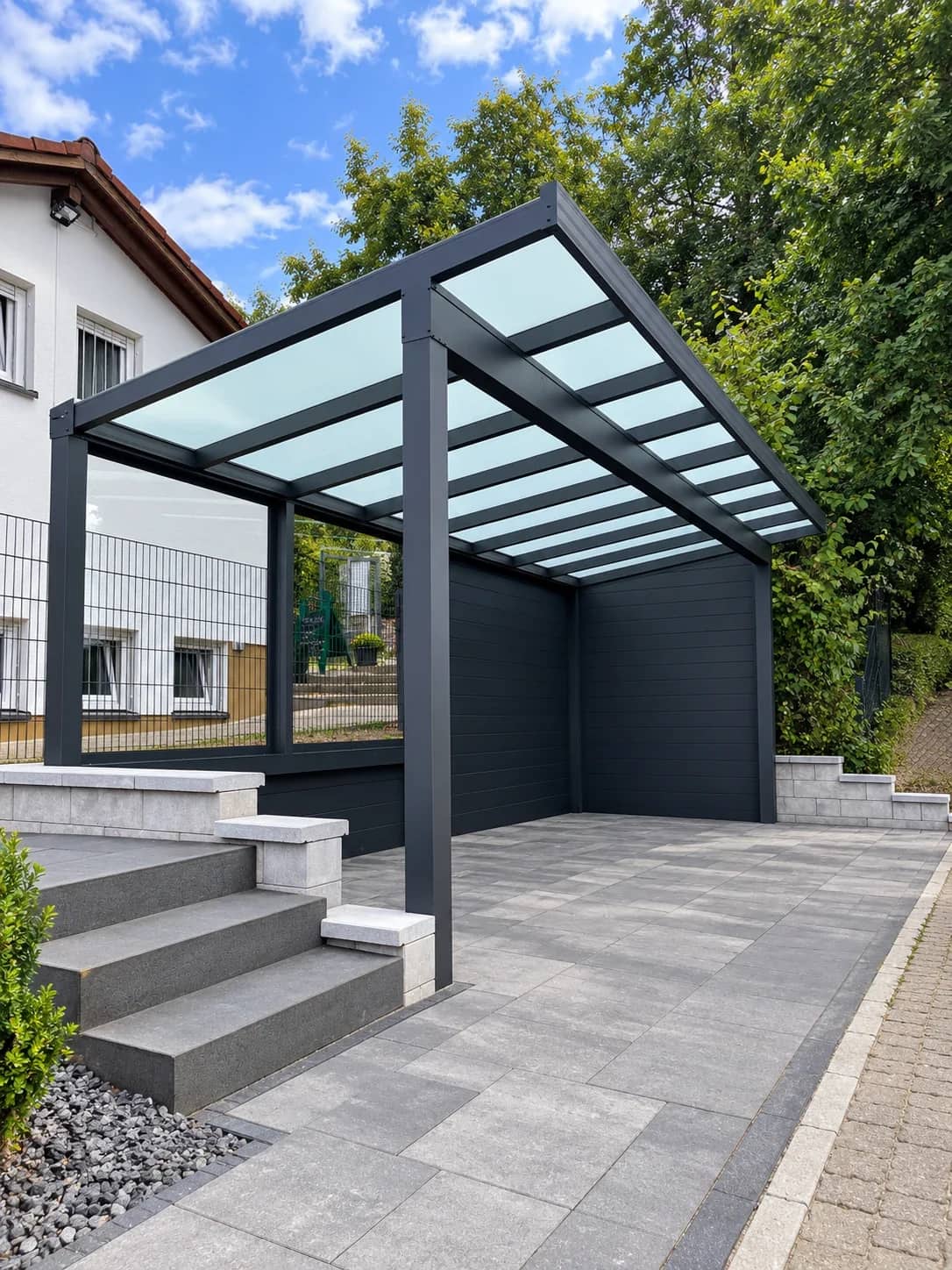 Freistehende Aluminium-Terrassenüberdachung in Anthrazit im Garten
