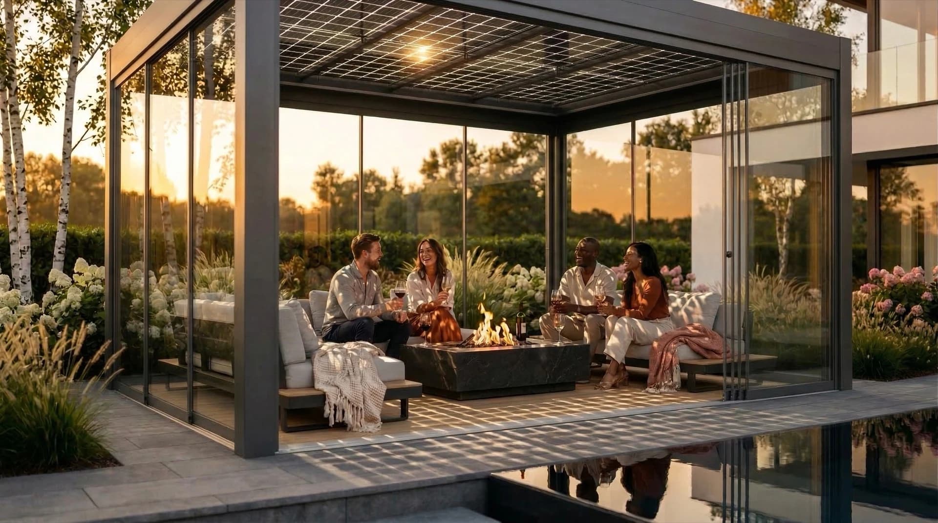 Terrassenüberdachung mit integrierten Photovoltaik-Modulen an einem Wohnhaus