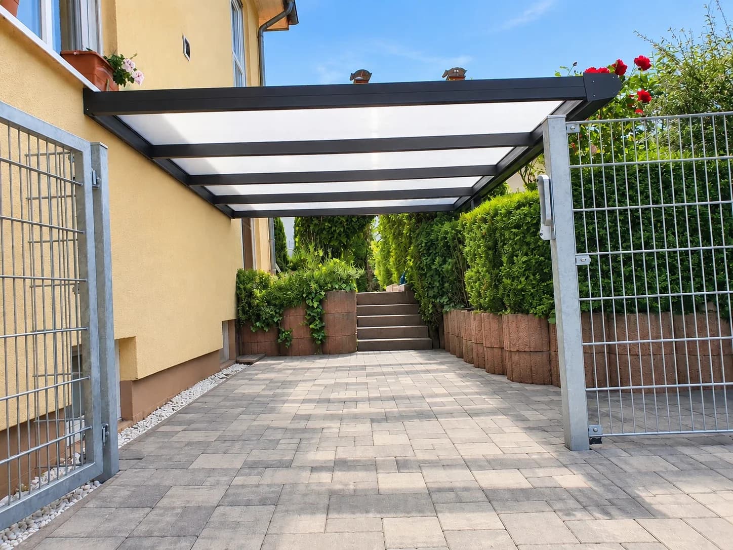 An das Wohnhaus angebauter Aluminium-Carport mit Glasdach
