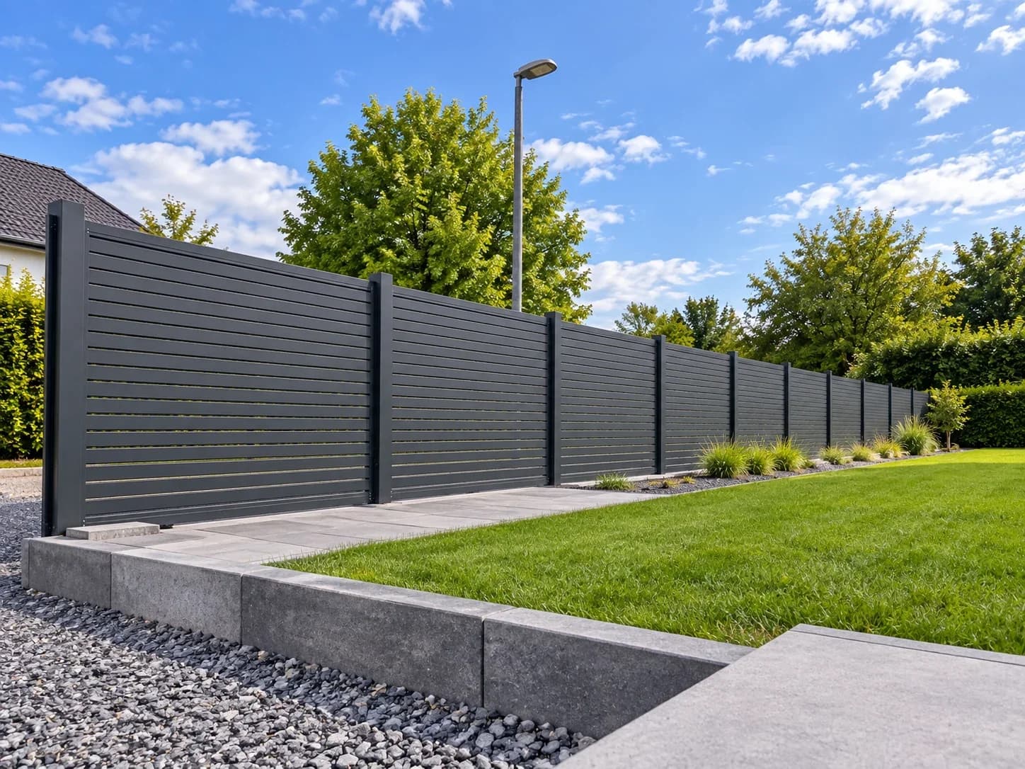 Sichtschutzzaun aus Aluminium in Anthrazit mit waagerechter Lattung entlang eines Gartenwegs