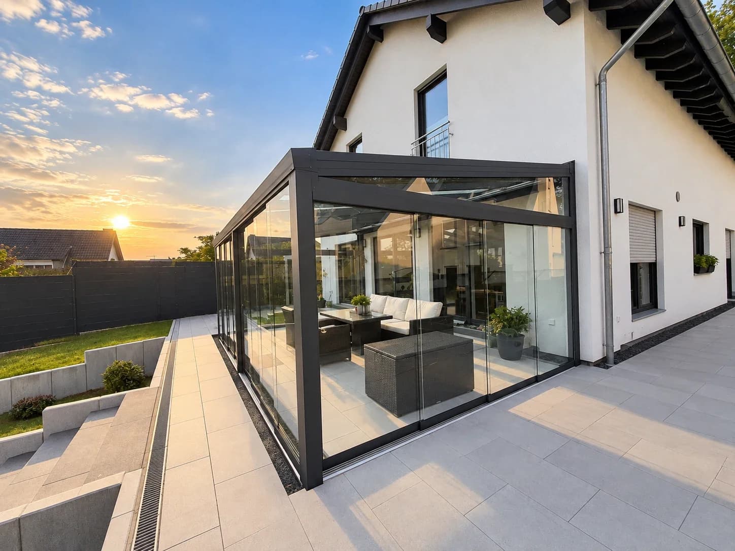 Sommergarten aus anthrazitfarbenem Aluminium mit Glasfront auf der Terrasse