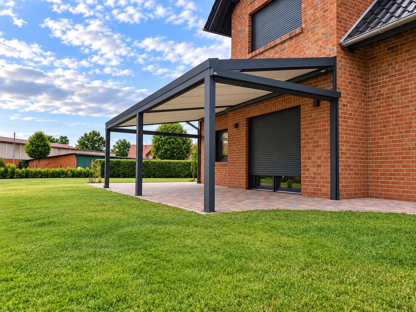 Breite anthrazitfarbene Aluminium-Terrassenüberdachung an einem Klinkerhaus bei blauem Himmel